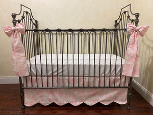 Pink Toile Crib Bedding, Toile Baby Bedding, Scalloped Crib Rail Cover, Scallop Crib Skirt