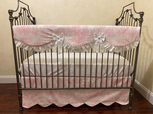 Pink Toile Crib Bedding, Toile Baby Bedding, Scalloped Crib Rail Cover, Scallop Crib Skirt