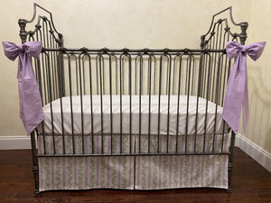 Lavender & Green Floral Stripes Baby Girl Crib Bedding, Crib Rail Cover, Libby Stripe Crib Skirt