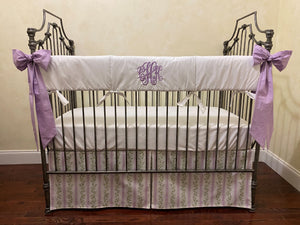 Lavender & Green Floral Stripes Baby Girl Crib Bedding, Crib Rail Cover, Libby Stripe Crib Skirt