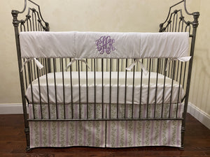 Lavender & Green Floral Stripes Baby Girl Crib Bedding, Crib Rail Cover, Libby Stripe Crib Skirt