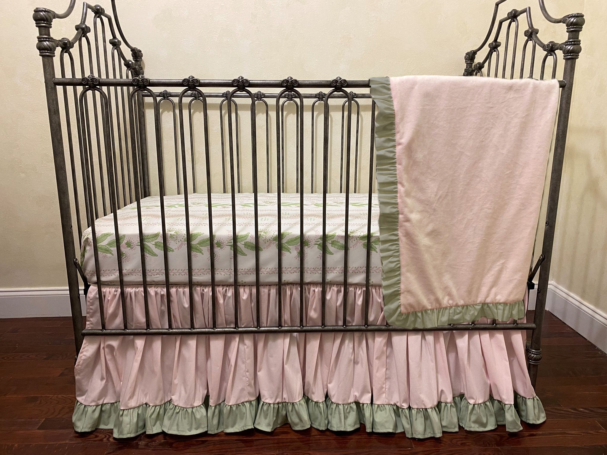 Pale Pink and Soft Sage Green Girl Baby Bedding - Girl Crib Bedding, Crib Rail Cover, Gathered Skirt with Ruffle Crib Skirt - 4 Sides 20" Drop Pale Pink and Soft Sage Green Girl Baby Bedding - Girl Crib Bedding, Crib Rail Cover, Gathered Skirt with Ruffle Crib Skirt - 4 Sides 20" Drop
