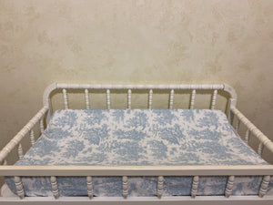 Blue Toile Crib Bedding, Toile Baby Bedding, Scalloped Crib Rail Cover, Scallop Crib Skirt