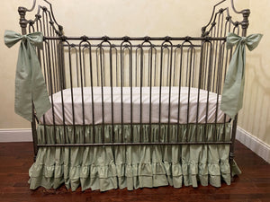 White and Soft Sage Green Baby Girl Crib Bedding, Crib Rail Cover, Gathered Skirt with Double Ruffle