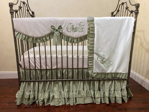 White and Soft Sage Green Baby Girl Crib Bedding, Crib Rail Cover, Gathered Skirt with Double Ruffle