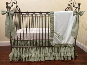 White and Soft Sage Green Baby Girl Crib Bedding, Crib Rail Cover, Gathered Skirt with Double Ruffle