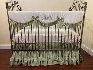 White and Soft Sage Green Baby Girl Crib Bedding, Crib Rail Cover, Gathered Skirt with Double Ruffle