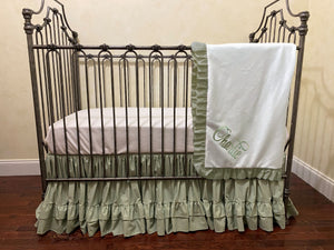 White and Soft Sage Green Baby Girl Crib Bedding, Crib Rail Cover, Gathered Skirt with Double Ruffle