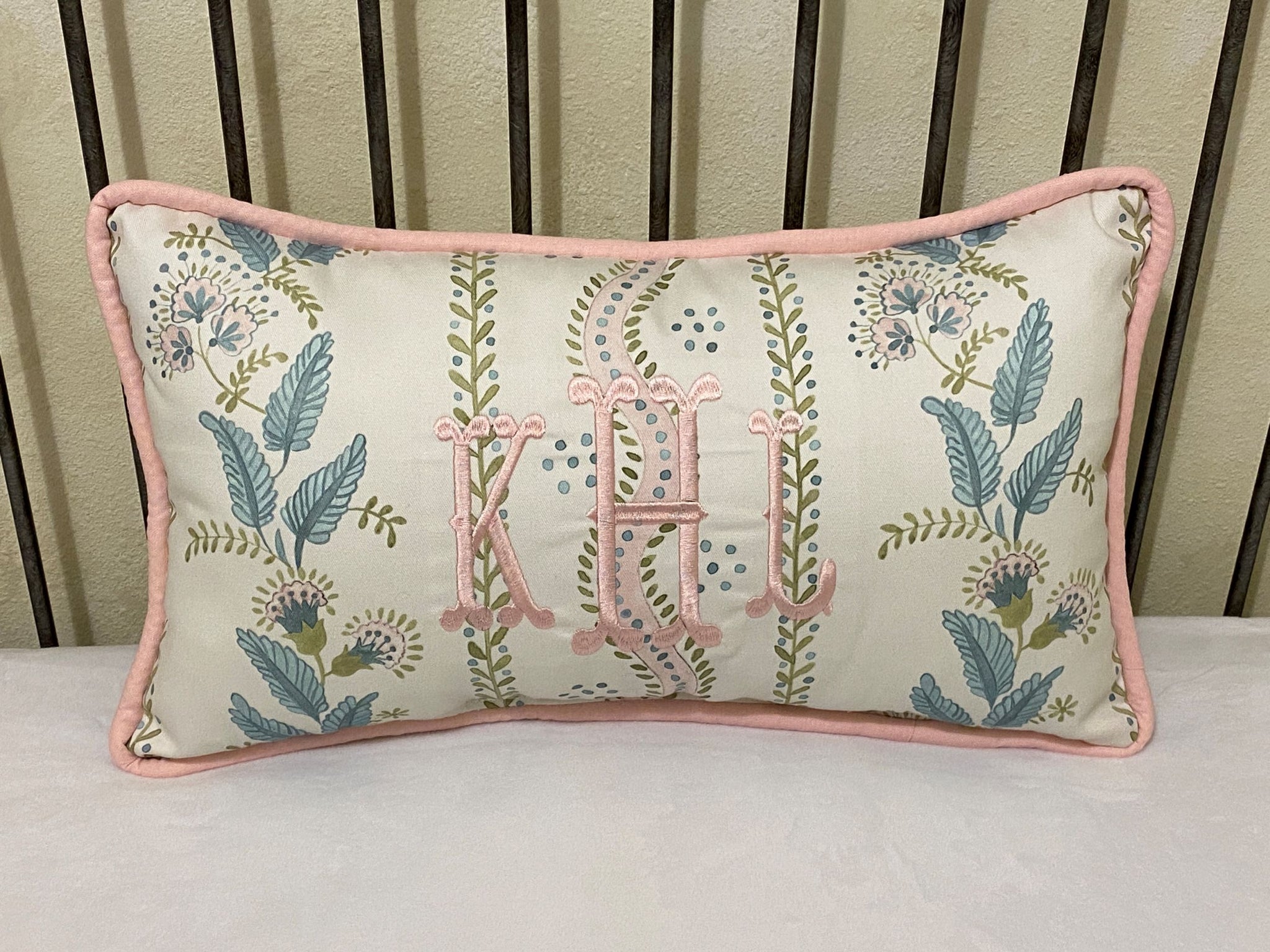 Blush Pink, Blue & Sage Green Stripes & Floral Vines Pillow Cover, Euro Sham