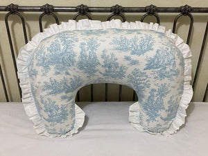 Blue Toile Nursing Pillow Cover with Ruffle