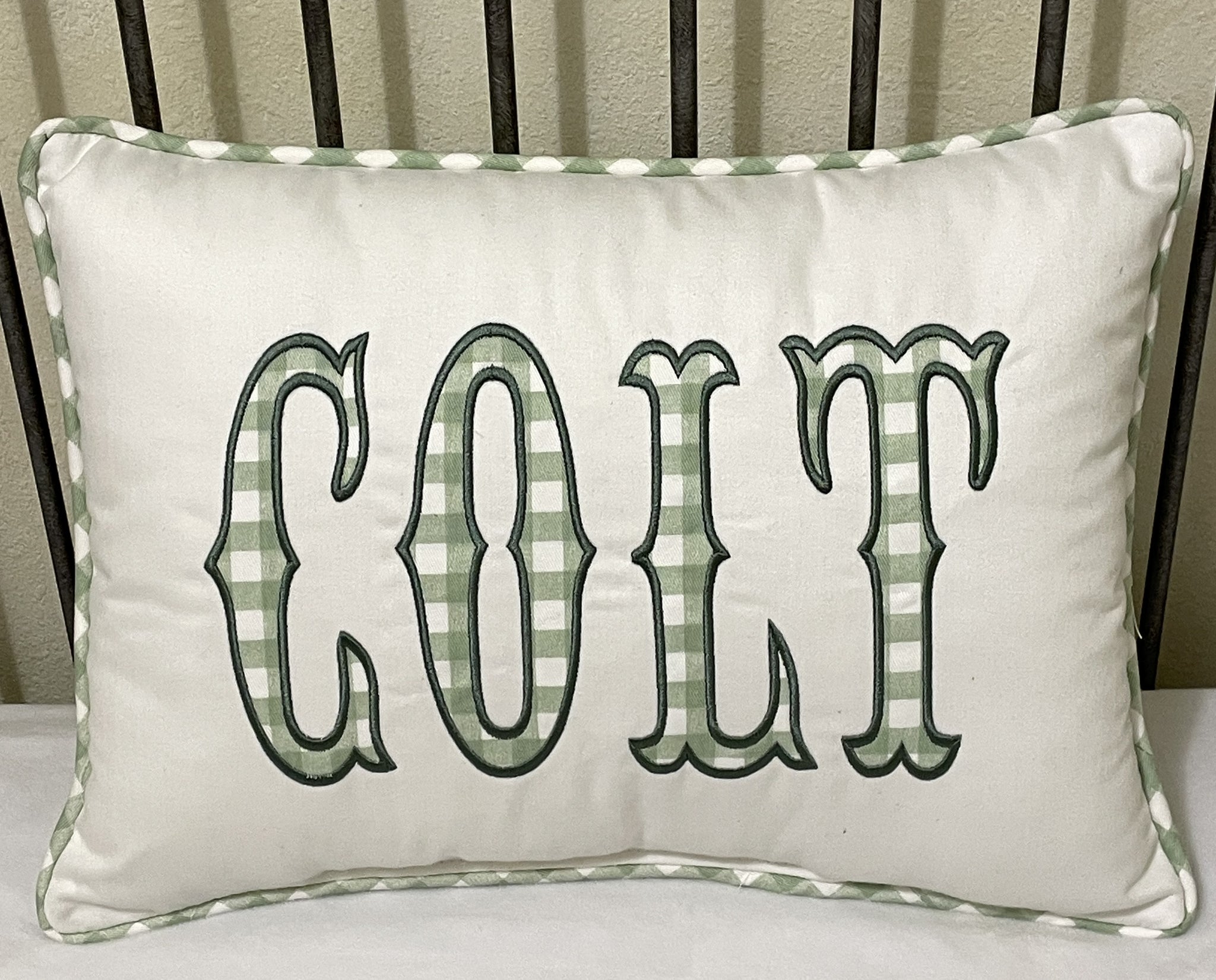 White and Sage Gingham Personalized Pillow with Appliqued Name