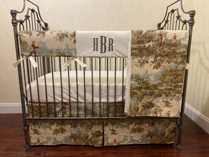 English Countryside Hunting and Fishing Toile Crib Bedding, Boy Baby Bedding