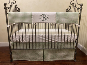 Sage Green Gingham Crib Bedding, Crib Rail Cover, Tailored Crib Skirt, Boy Baby Bedding