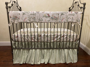 Nursery Rhyme Toile Crib Bedding, Sage Green Gingham Gathered Skirt, Boy Baby Bedding, Girl Crib Bedding