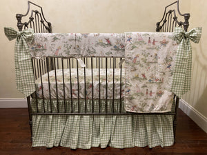 Nursery Rhyme Toile Crib Bedding, Sage Green Gingham Gathered Skirt, Boy Baby Bedding, Girl Crib Bedding