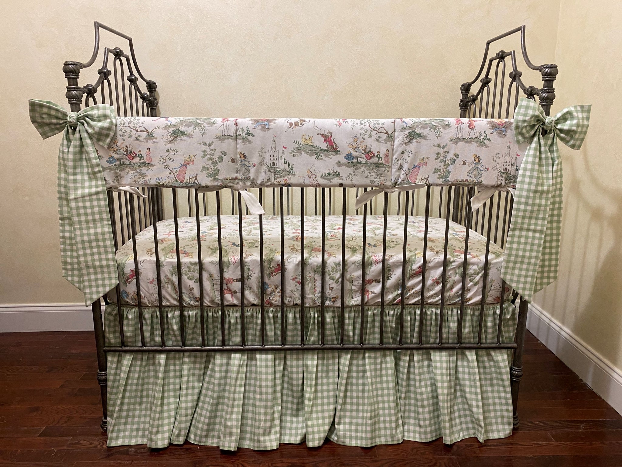 Nursery Rhyme Toile Crib Bedding, Sage Green Gingham Gathered