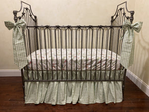 Nursery Rhyme Toile Crib Bedding, Sage Green Gingham Gathered Skirt, Boy Baby Bedding, Girl Crib Bedding