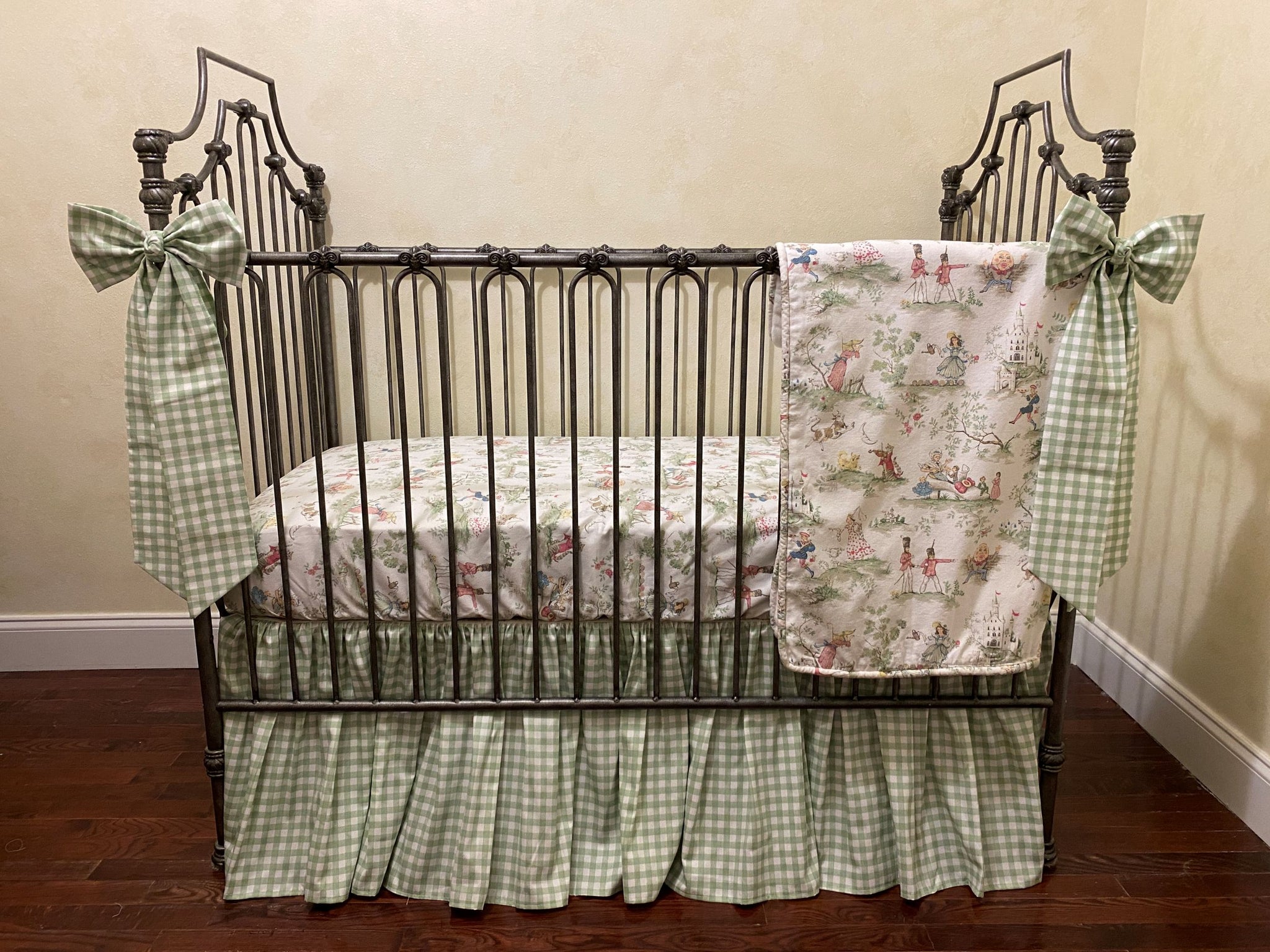 Nursery Rhyme Toile Crib Bedding, Sage Green Gingham Gathered Skirt, Boy Baby Bedding, Girl Crib Bedding Changing Pad Cover Nursery Rhyme Toile Crib Bedding, Sage Green Gingham Gathered Skirt, Boy Baby Bedding, Girl Crib Bedding Changing Pad Cover