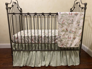Nursery Rhyme Toile Crib Bedding, Sage Green Gingham Gathered Skirt, Boy Baby Bedding, Girl Crib Bedding