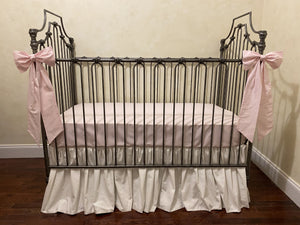 Ivory Linen and Pale Pink Baby Girl Crib Bedding, Crib Rail Cover, Gathered Crib Skirt