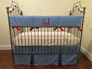 Denim Blue with Red Baby Boy Crib Bedding, Crib Rail Cover, Crib Skirt, Baby Blanket