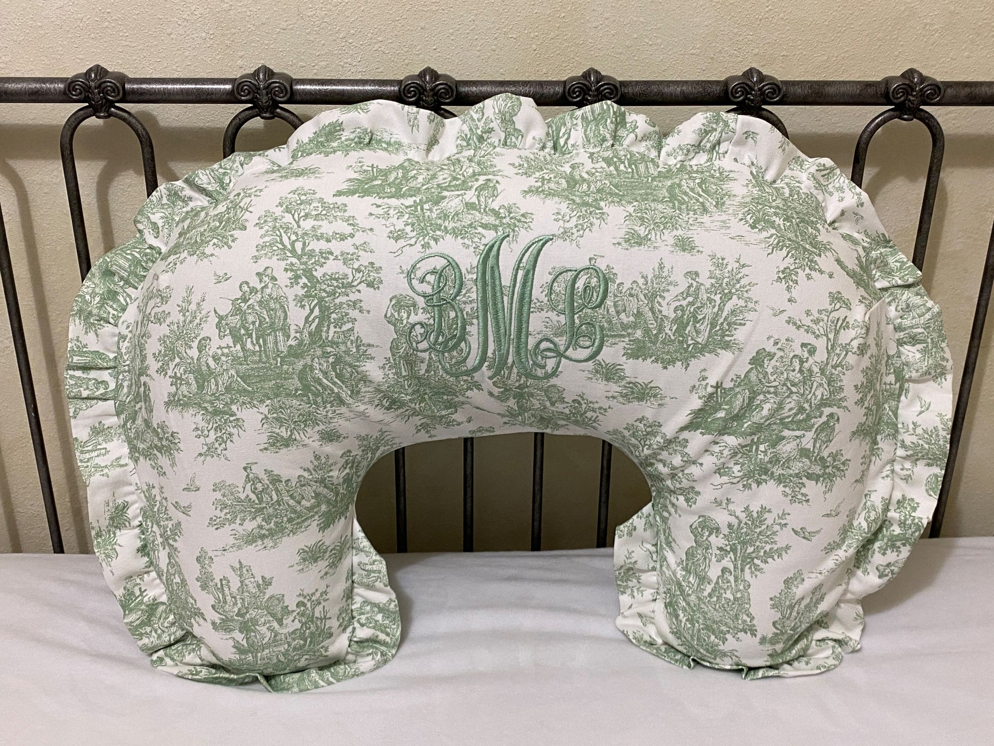 Green Toile Nursing Pillow Cover with Toile Ruffle