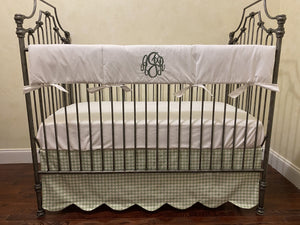 Sage Green Gingham Crib Bedding, Nursery Rhyme Baby Bedding, Scalloped Crib Skirt, Boy Baby Bedding, Girl Crib Bedding