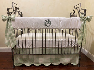 Sage Green Gingham Crib Bedding, Nursery Rhyme Baby Bedding, Scalloped Crib Skirt, Boy Baby Bedding, Girl Crib Bedding