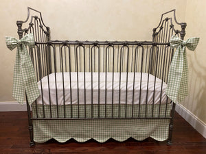 Sage Green Gingham Crib Bedding, Nursery Rhyme Baby Bedding, Scalloped Crib Skirt, Boy Baby Bedding, Girl Crib Bedding