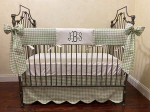 Sage Green Gingham Crib Bedding, Crib Rail Cover, Scalloped Crib Skirt, Boy Baby Bedding, Girl Crib Bedding