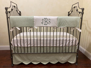 Sage Green Gingham Crib Bedding, Crib Rail Cover, Scalloped Crib Skirt, Boy Baby Bedding, Girl Crib Bedding