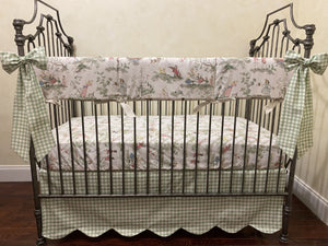 Nursery Rhyme Toile Crib Bedding, Scalloped Crib Skirt, Sage Green Gingham, Boy Baby Bedding, Girl Crib Bedding