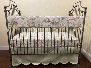 Nursery Rhyme Toile Crib Bedding, Scalloped Crib Skirt, Sage Green Gingham, Boy Baby Bedding, Girl Crib Bedding