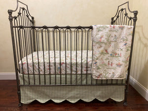 Nursery Rhyme Toile Crib Bedding, Scalloped Crib Skirt, Sage Green Gingham, Boy Baby Bedding, Girl Crib Bedding