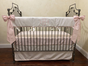 Baby Girl White and Pale Pink Crib Bedding, Crib Rail Cover, Crib Skirt with Piping Trim