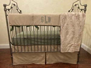 Tan with Green Boy Baby Bedding, Boy Crib Bedding, Crib Rail Cover