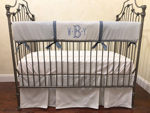 Blue Ticking Stripe Crib Bedding, Double Pleated Crib Skirt, Baby Boy Crib Bedding