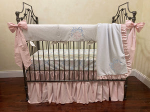 Pale Pink with Blue Bows Baby Girl Crib Bedding