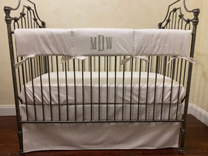 White with Gray Ticking Stripe Baby Boy Crib Bedding