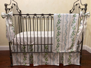 Blue and Green Floral Stripes Crib Bedding, Boy Baby Bedding, Rail Cover, Double Pleated Crib Skirt