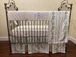 Blue and Green Floral Stripes Crib Bedding, Boy Baby Bedding, Rail Cover, Double Pleated Crib Skirt