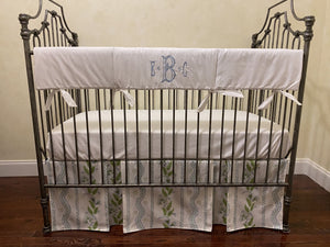 Blue and Green Floral Stripes Crib Bedding, Boy Baby Bedding, Rail Cover, Double Pleated Crib Skirt
