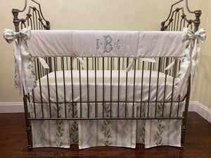 Blue and Green Floral Stripes Crib Bedding, Boy Baby Bedding, Rail Cover, Double Pleated Crib Skirt
