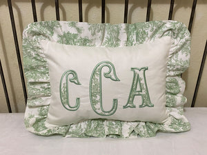 White and Toile Appliqued Accent Pillow with Monogram - Blue, Pink, Green, Lavender Toile