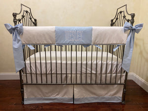White with Pale Blue Baby Boy Crib Bedding