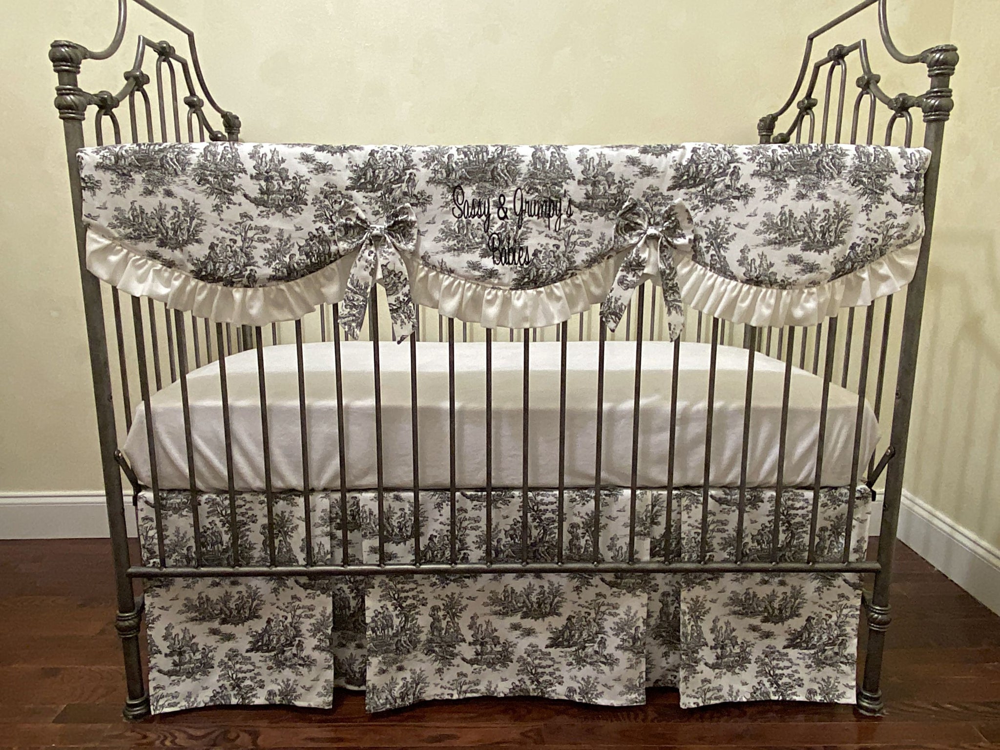 Black Toile Crib Bedding, Baby Boy Crib Bedding, Toile Rail Cover, Double Pleated Crib Skirt