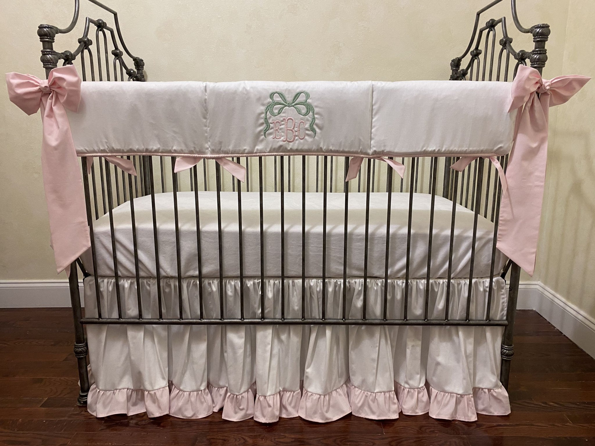Pale Pink and White with Sage Bow and Ruffled Skirt Baby Girl Crib Bedding