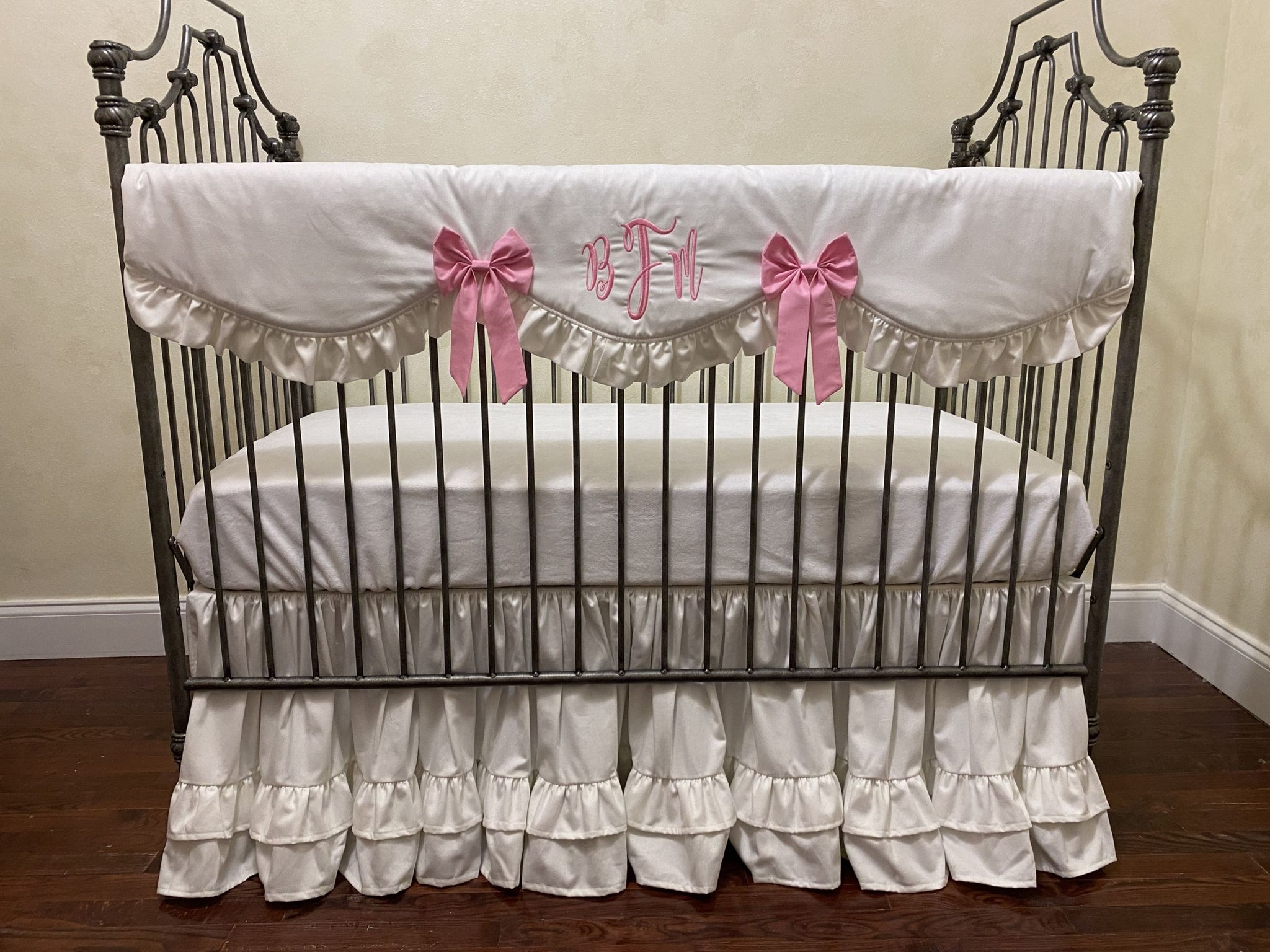 White Crib Bedding, Baby Girl, Baby Boy Crib Bedding, Crib Rail Cover, Double Ruffle Crib Skirt