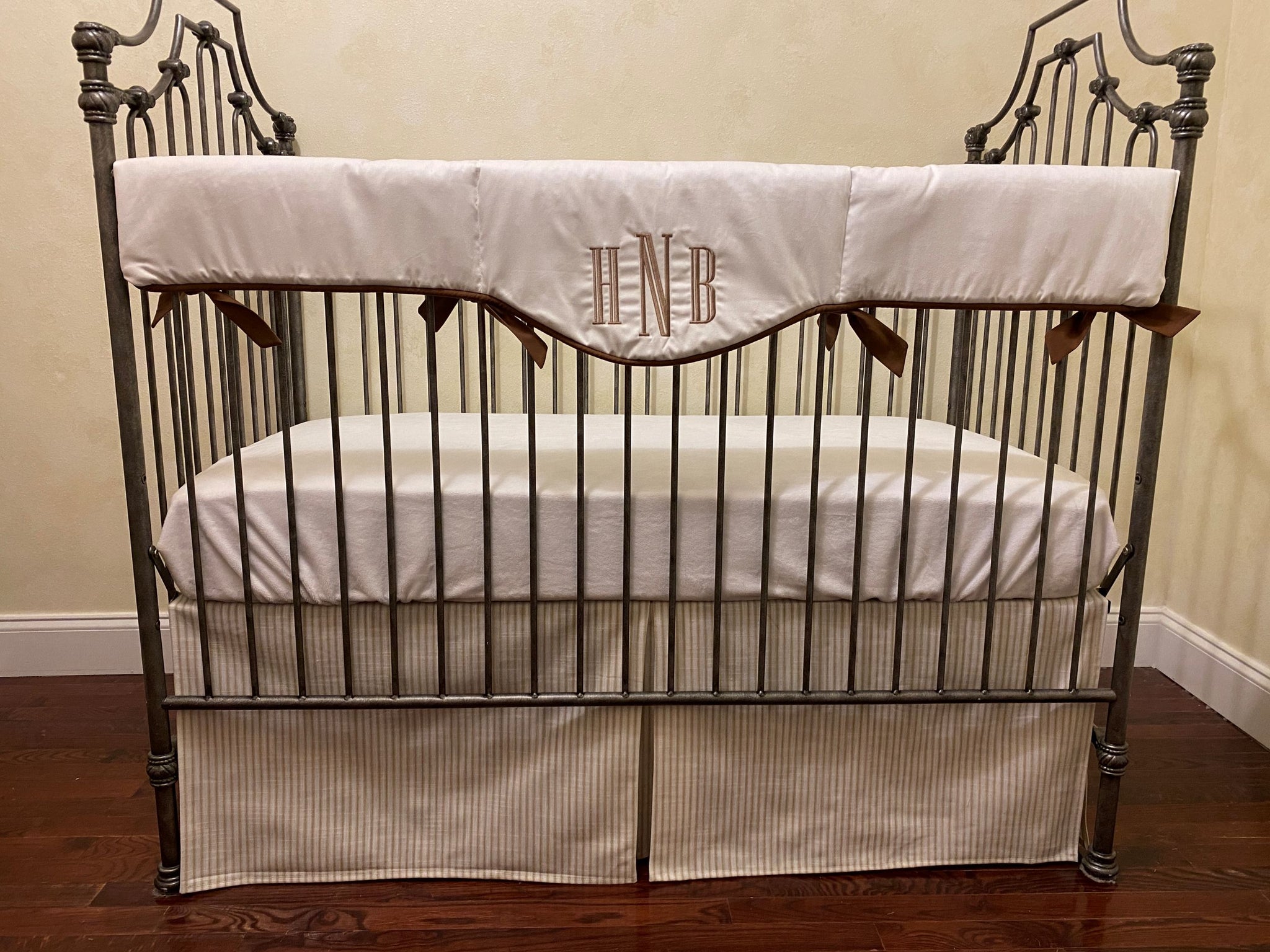 Tan Ticking Stripes with White and Brown Baby Boy Crib Bedding
