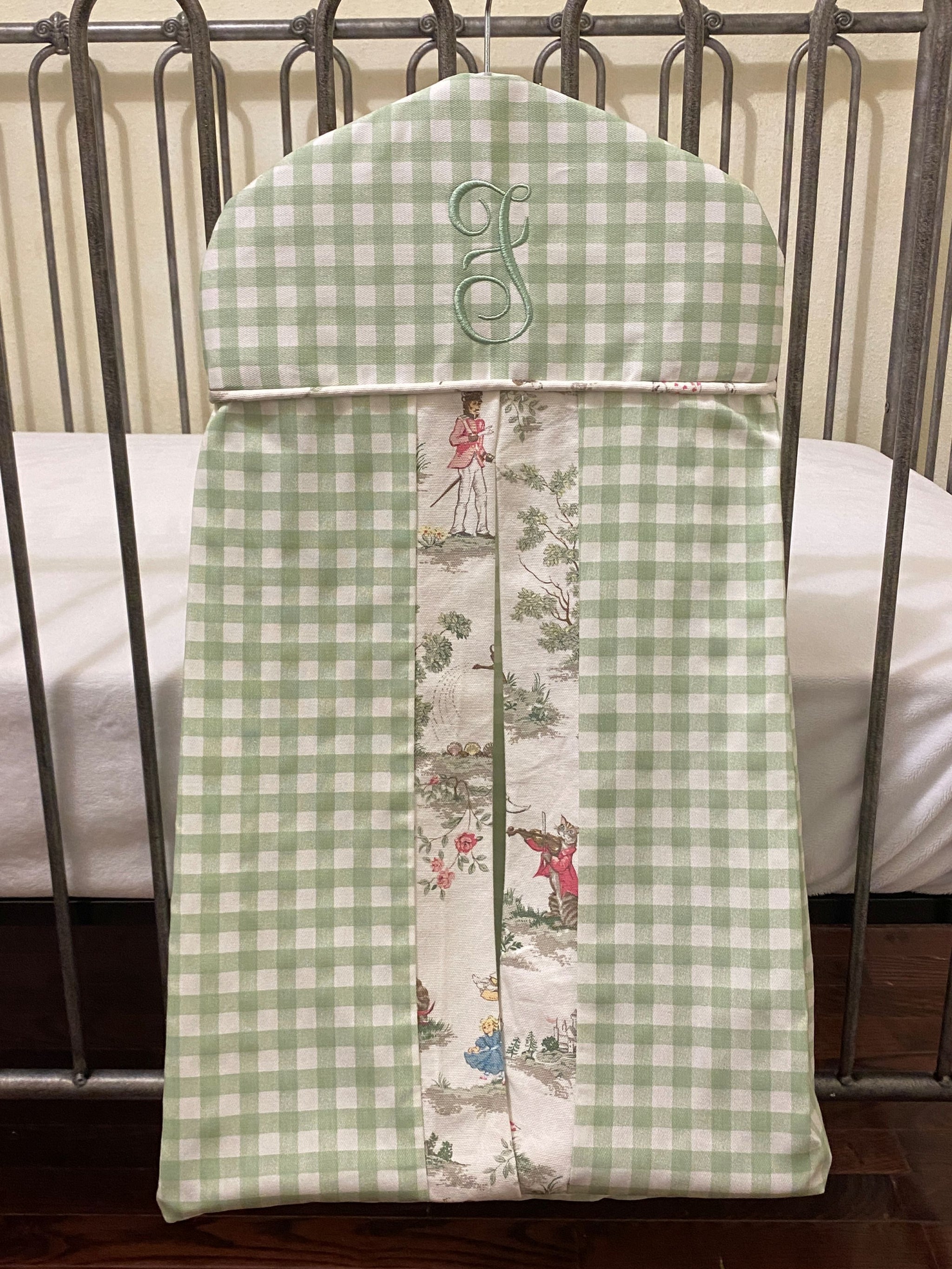 Hanger Style Diaper Stacker - Sage Gingham with Nursery Rhyme Toile